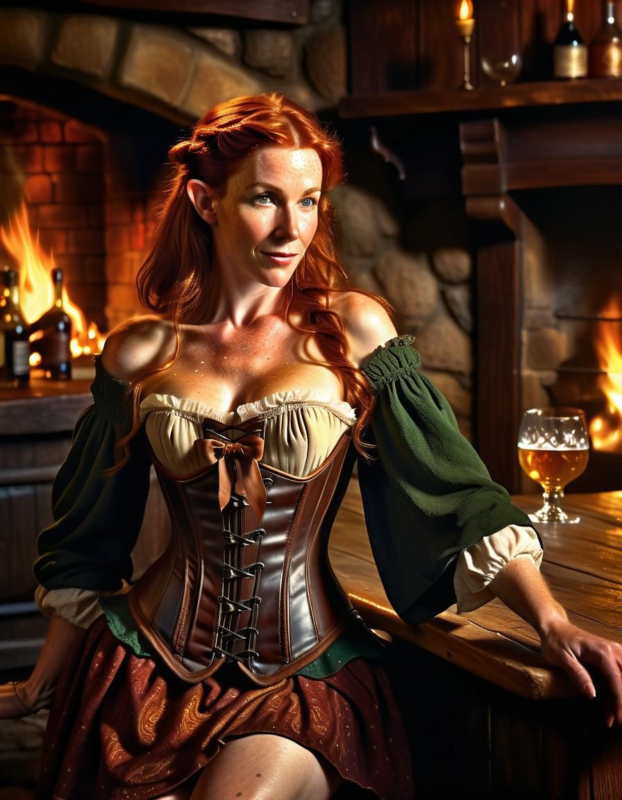 Baroque Elf Woman Lounging in Tavern