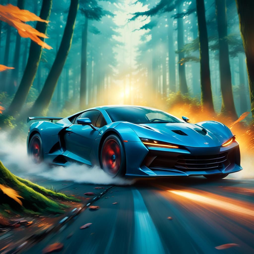 Supercar Speeds Through Misty Forest: Fantasy Concept Art