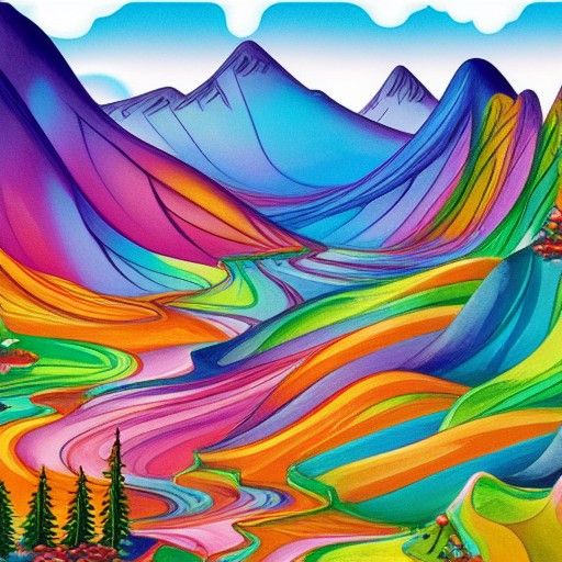 Vibrant Candyland Mountain Landscape in Gouache