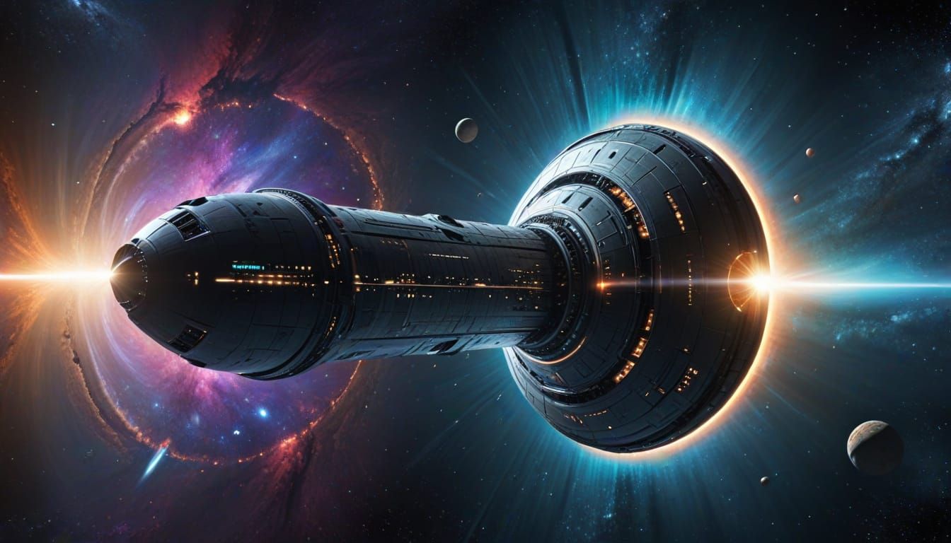 Gleaming Spaceship Enters Cosmic Vortex