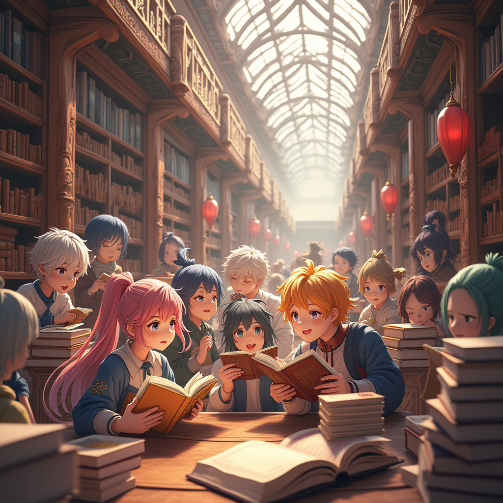 Energetic Readers in Grand Library, Anime Style