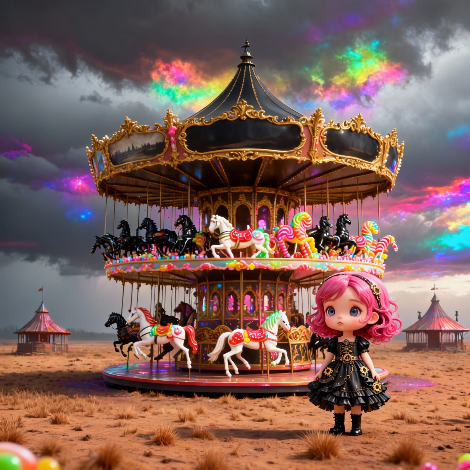 Chibi Girl Near Carousel in Candy Art Style