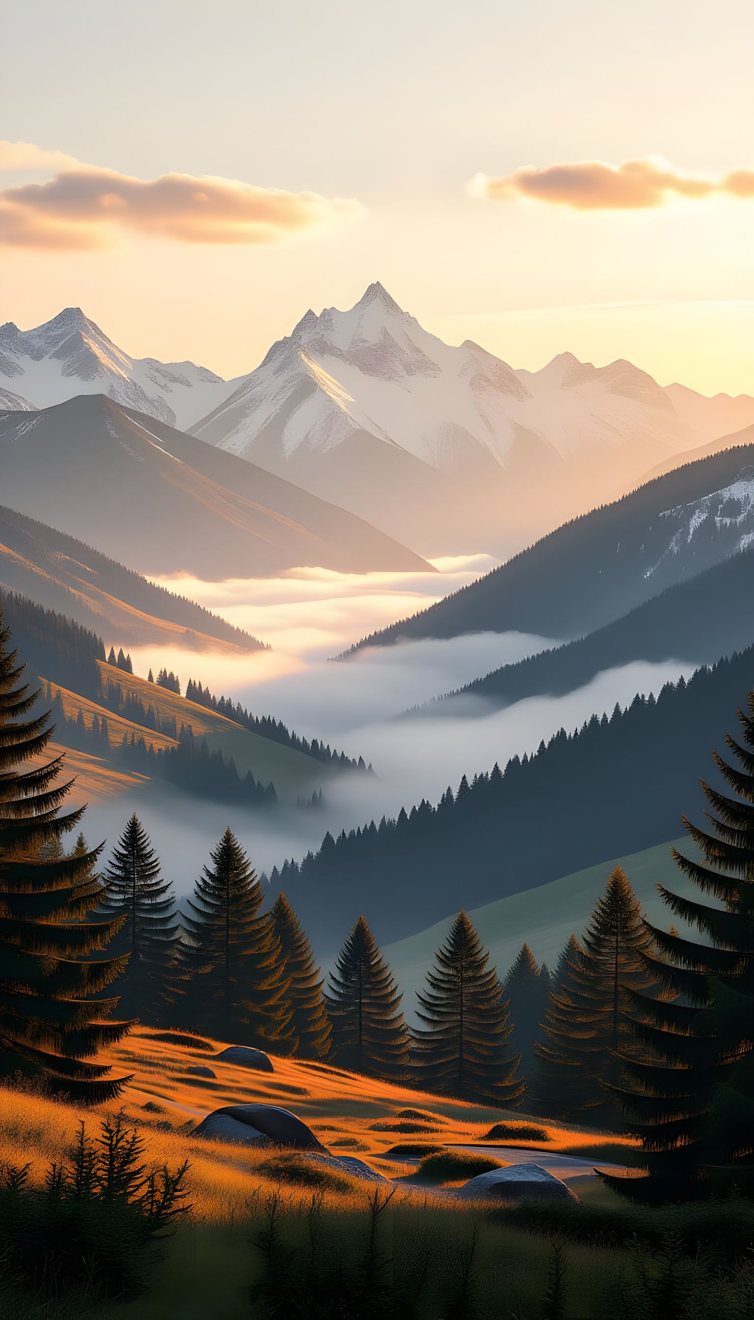 Alpine Valley Sunrise with Misty Hills and Snow-Capped Peaks