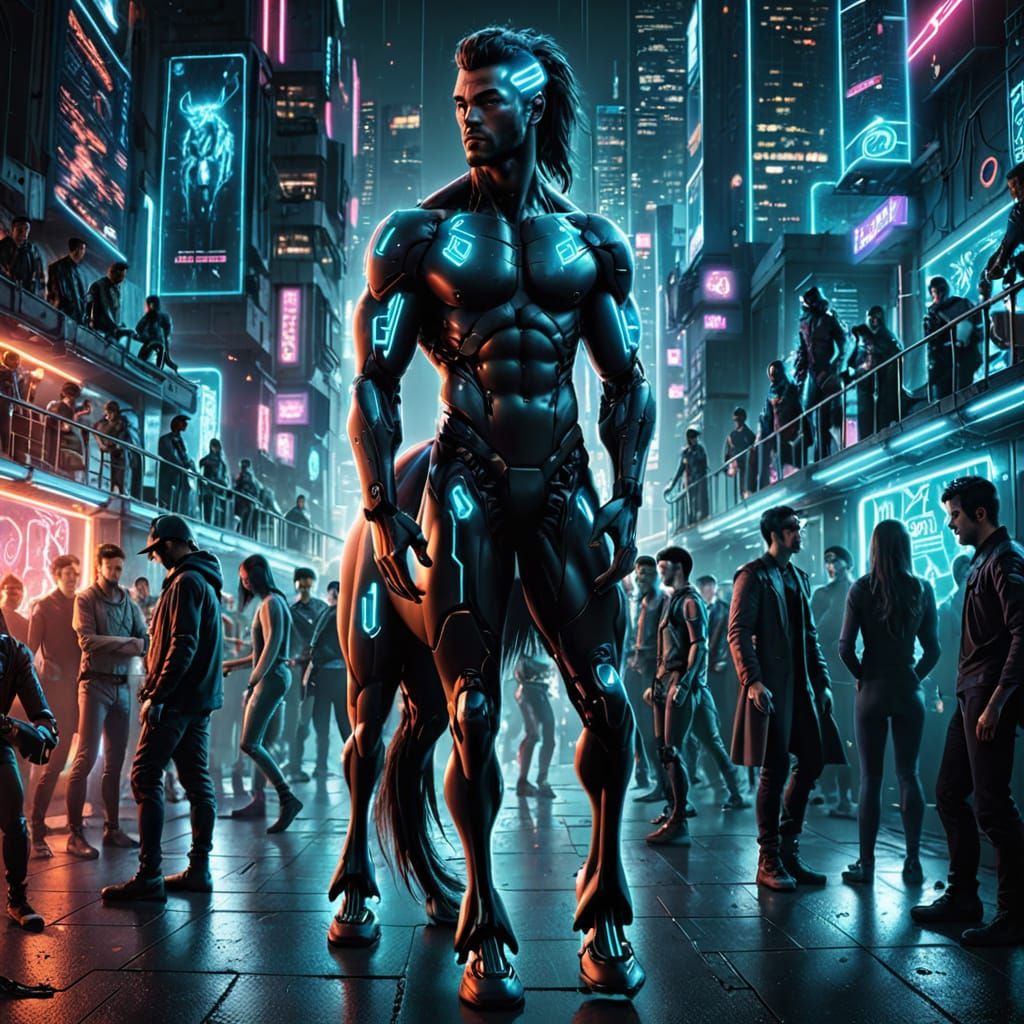 Cyberpunk Centaur Decker in Gritty High-Tech Lab