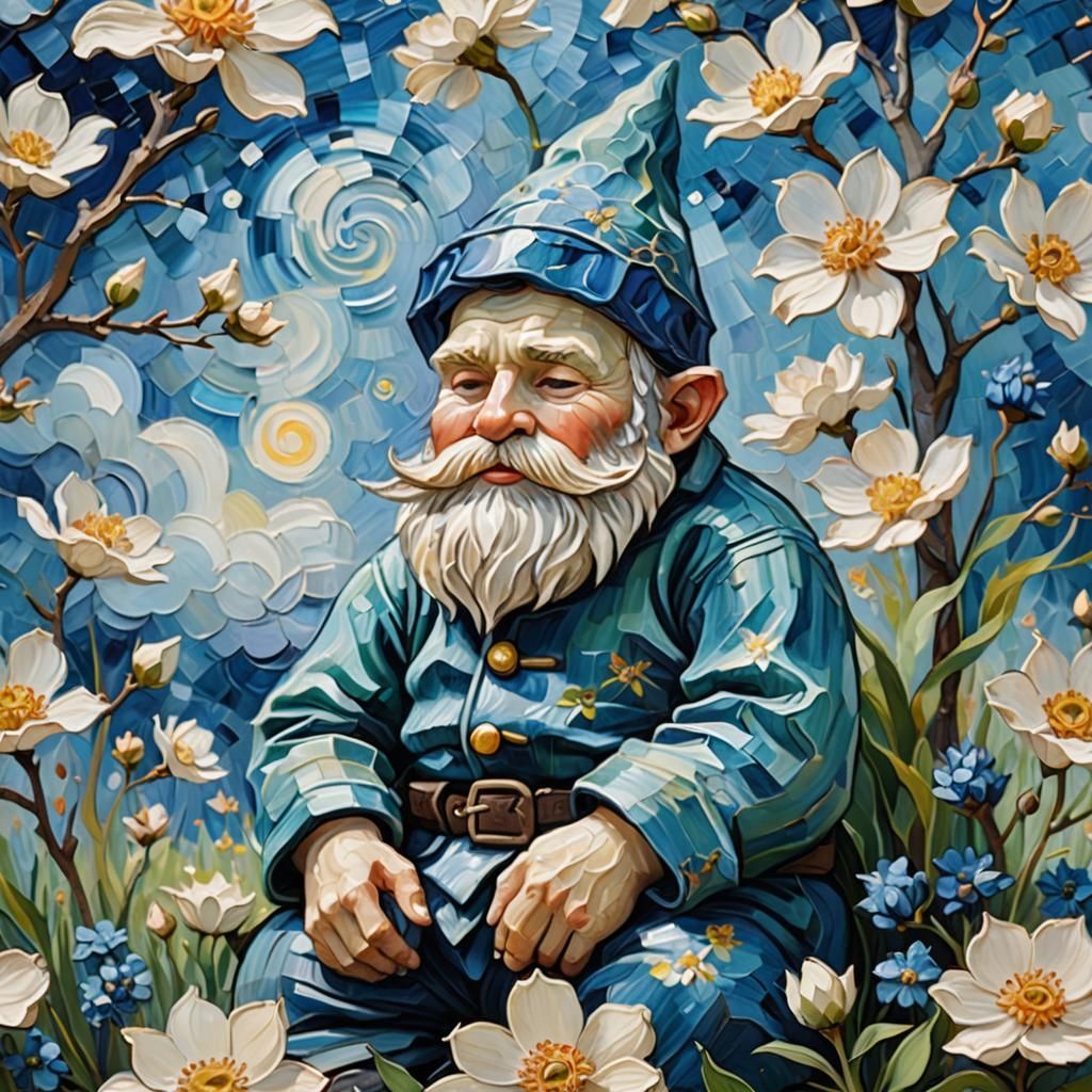 Gnome Sleeping in Flower, Van Gogh-Inspired Art