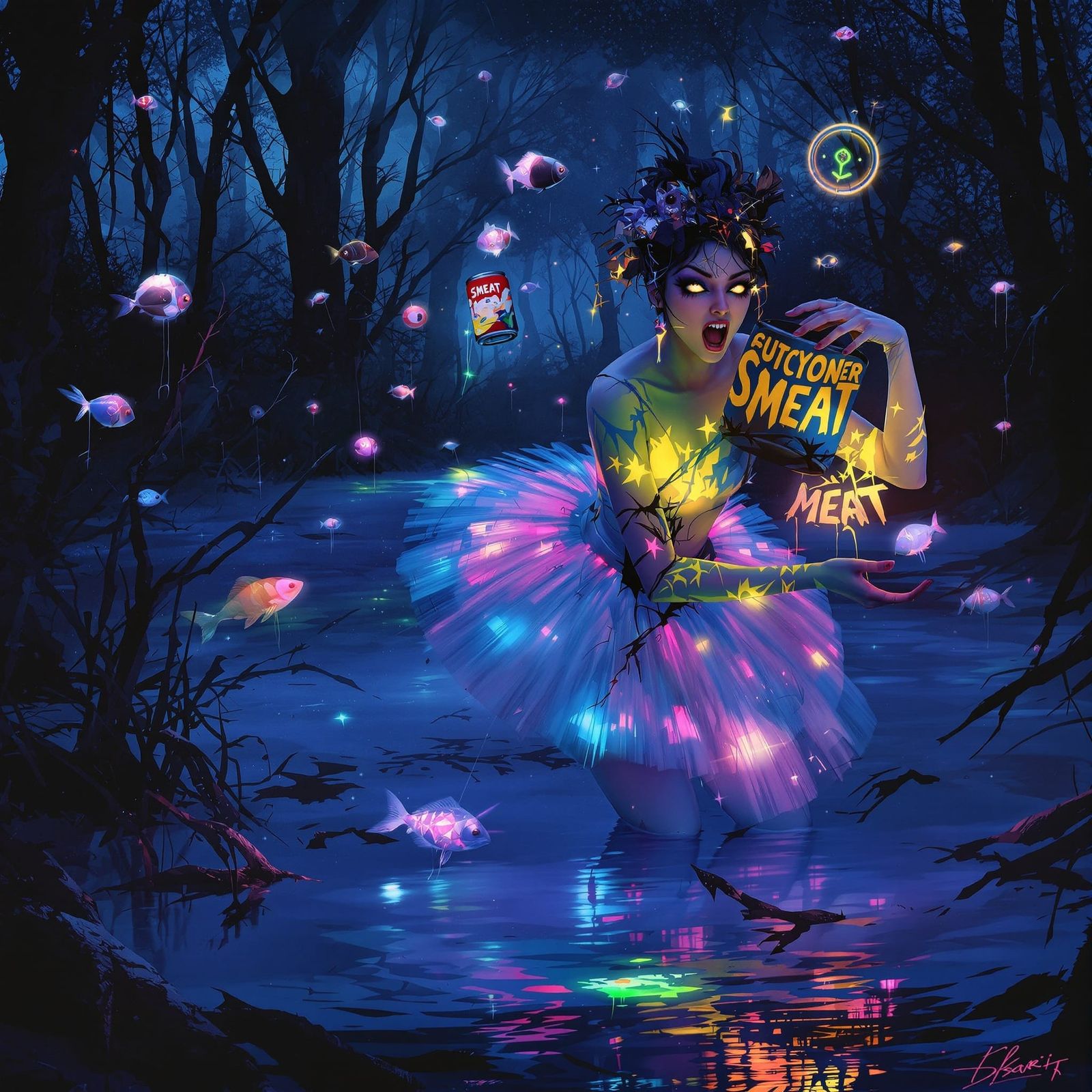 Ballerina in Cyberpunk Swamp Amidst Glowing SMEAT Cans