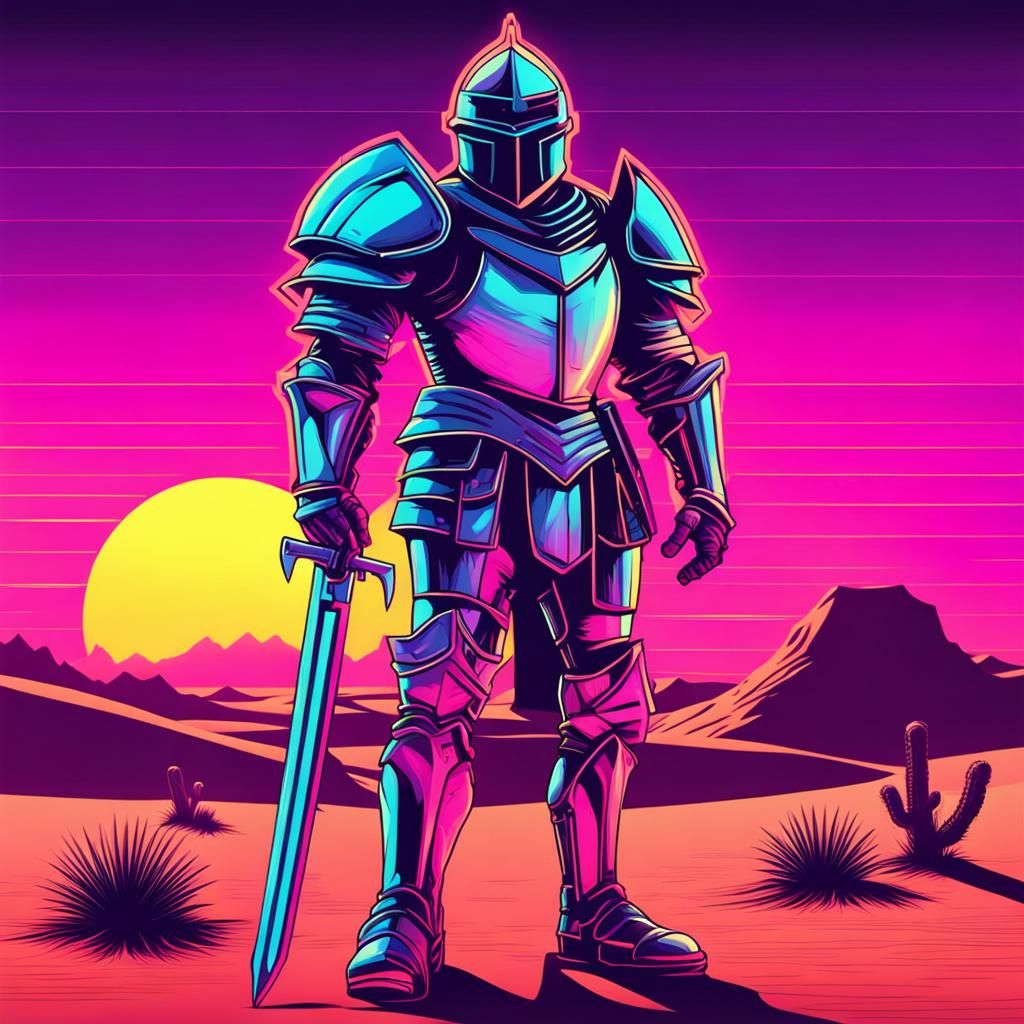 Armored Knight in Desert, Synthwave Neon Art