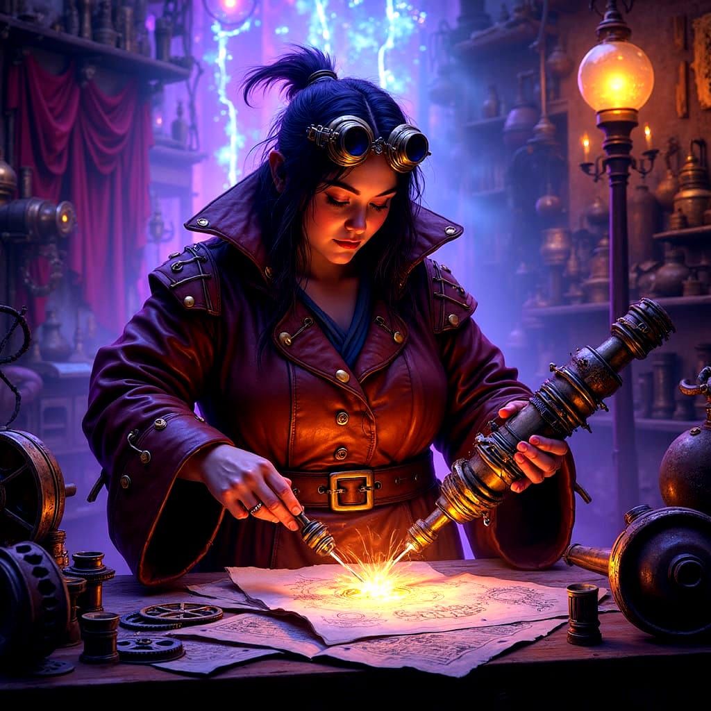 Mystical Artificer in Whimsical Steampunk Workshop