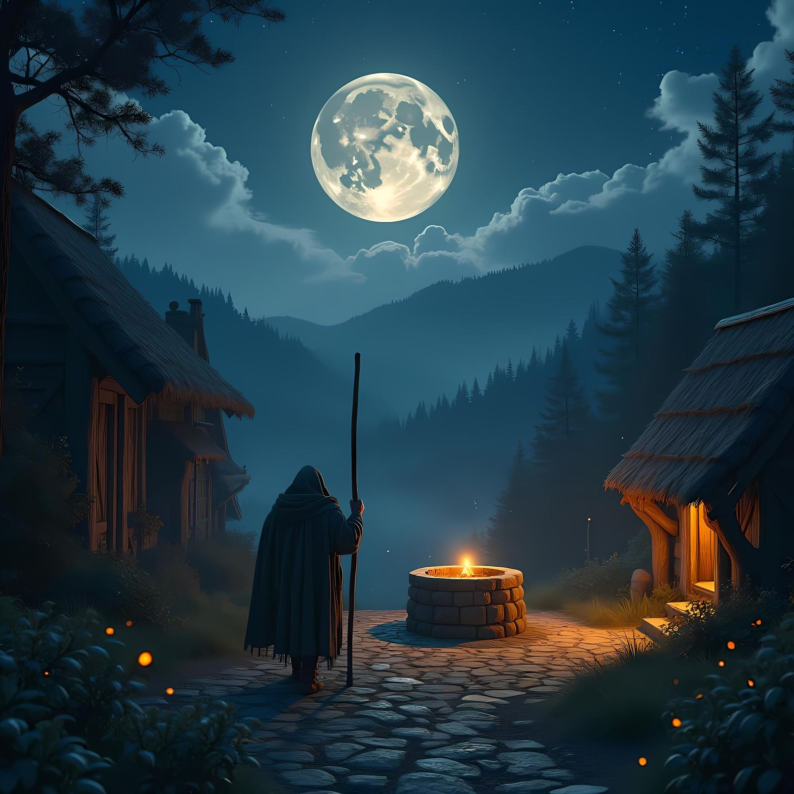 Medieval Peasant Village Under Moonlight: Aerial View