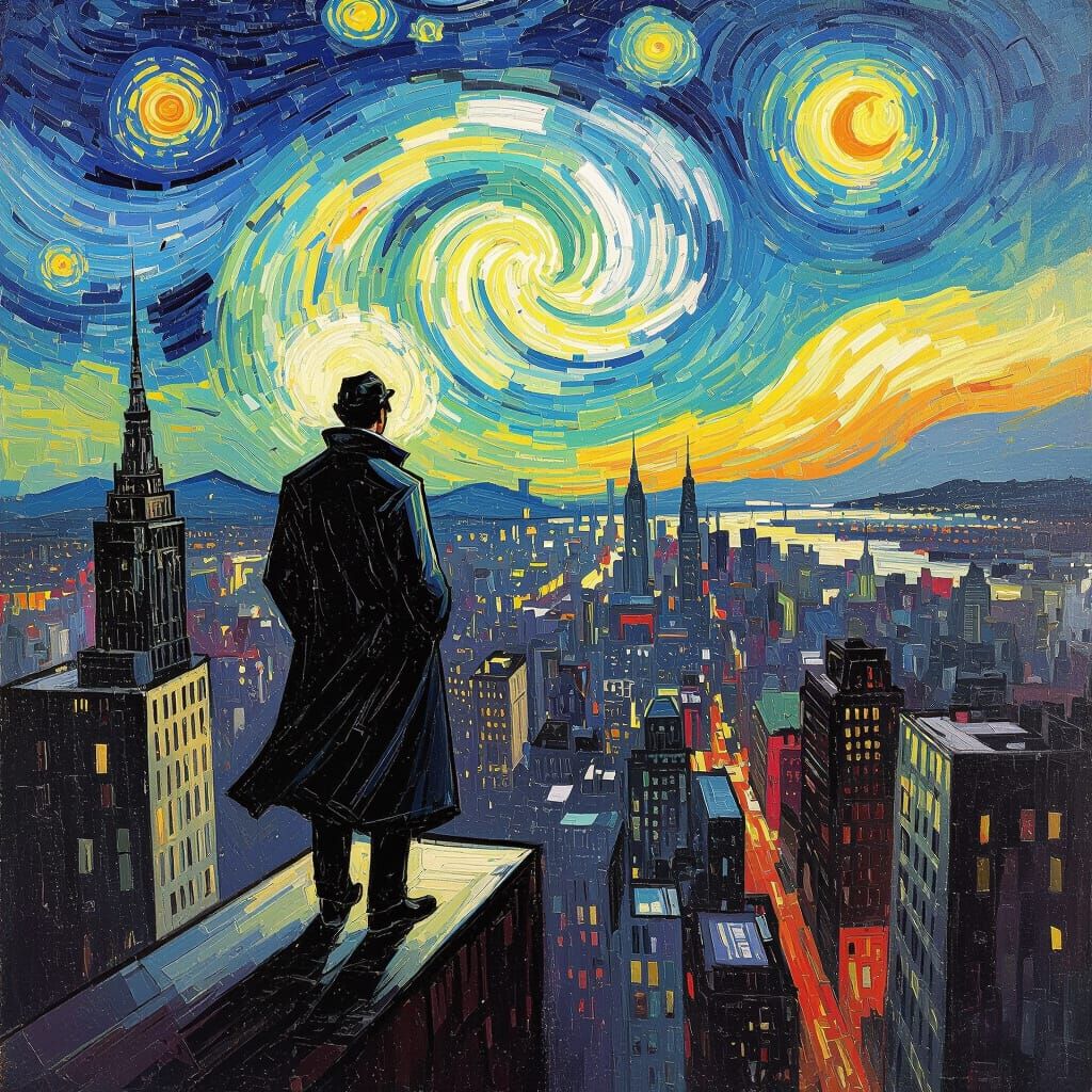 Surreal Cityscape with Swirling Sky in Painterly Style