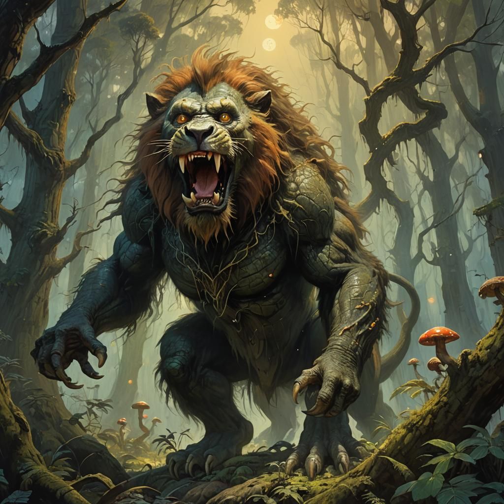 Lion Orangutan Crocodile Hybrid in Mystical Forest