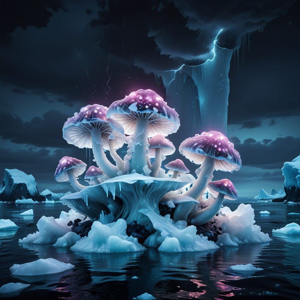Glowing Iceberg Mushrooms Emerge from Stormy Arctic Sea