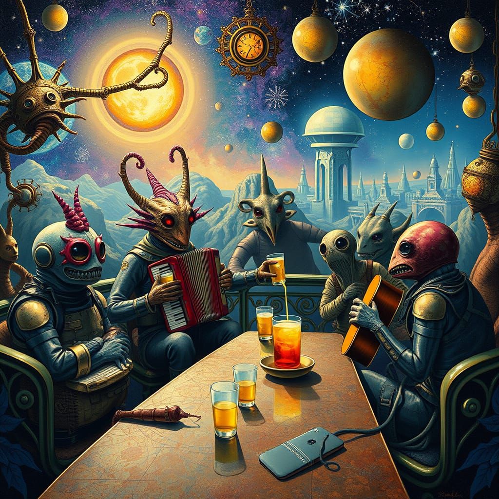 Intergalactic Cafe Scene in Psychedelic Art Style