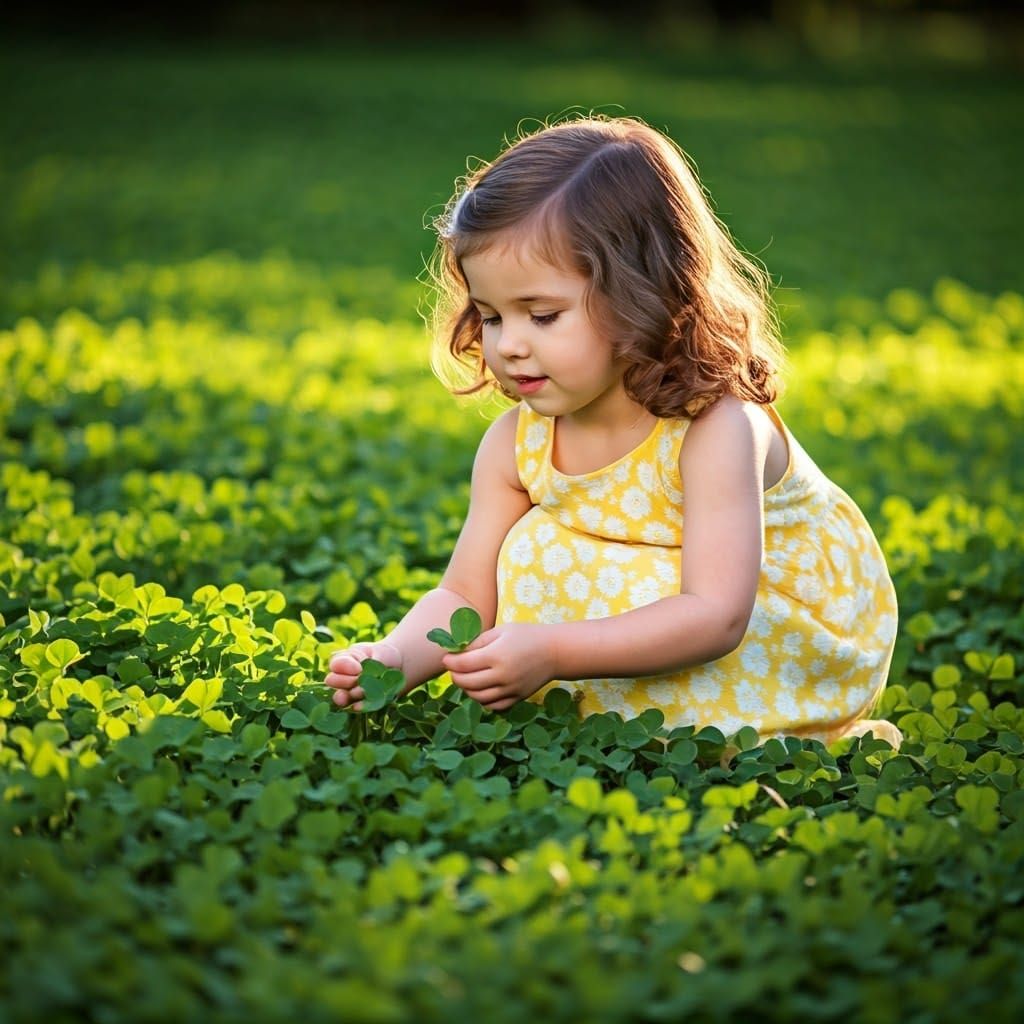 Joyful Child Searches for Rare Four-Leafed Clover in Lush Em...