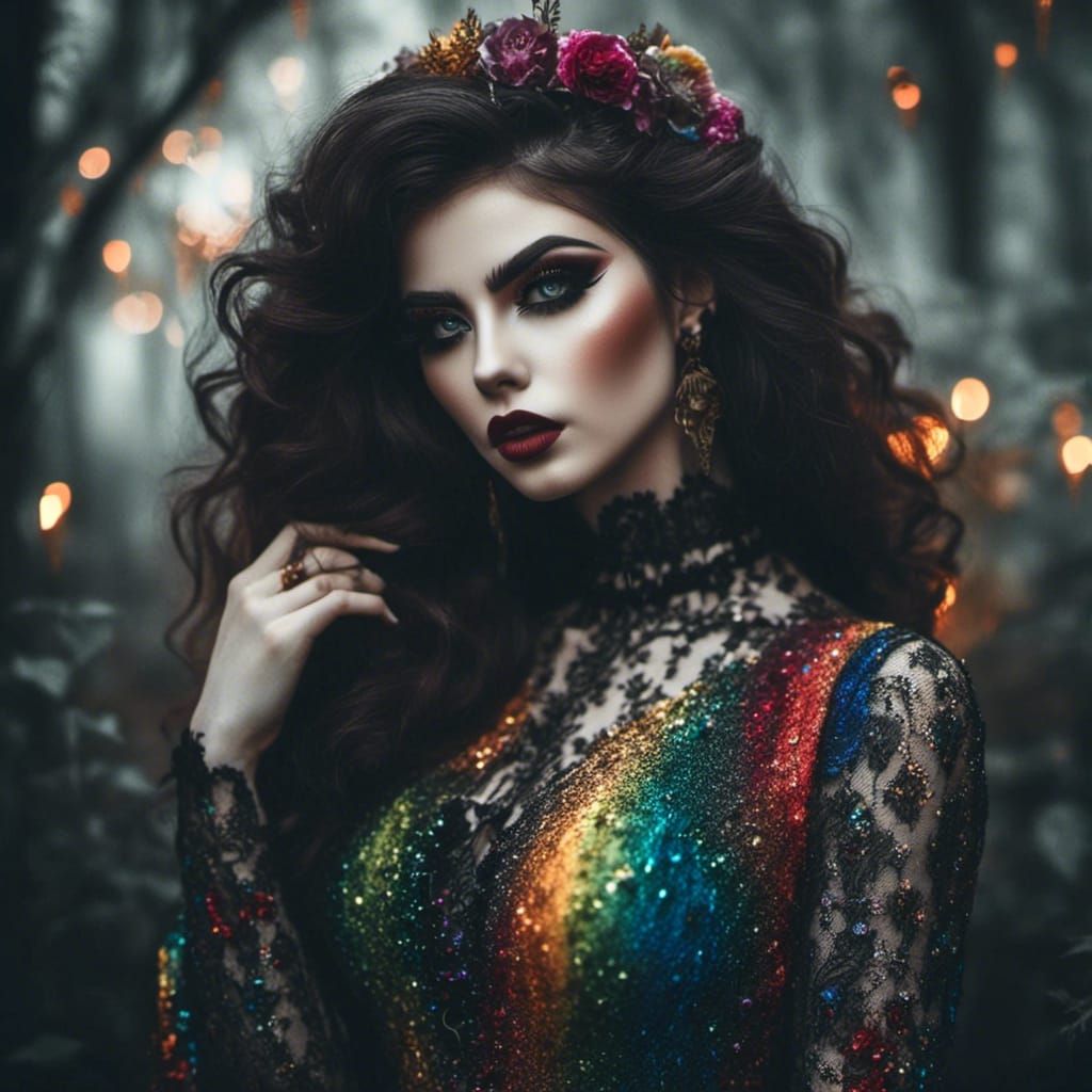 Beautiful Brunette in Rainbow Dress Portrait