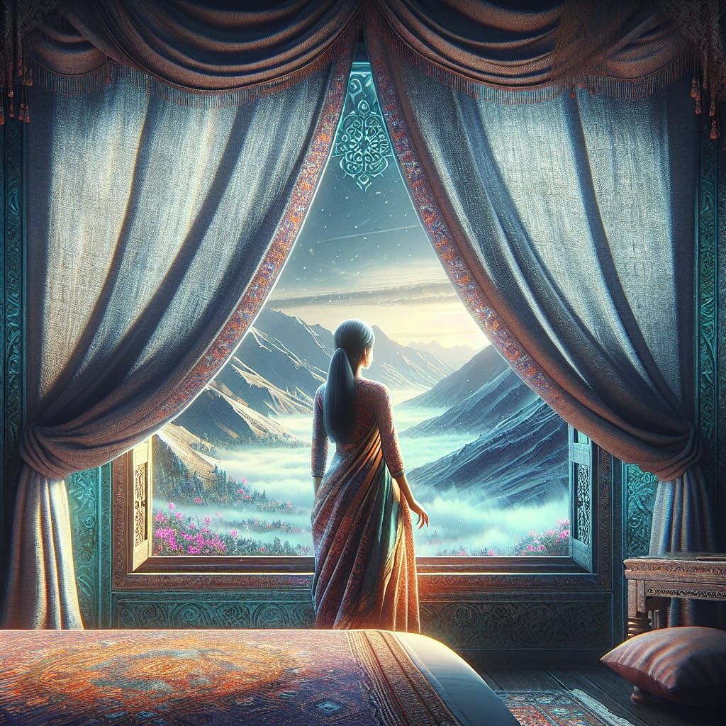 South Asian Woman Enjoys Breathtaking View, Matte Painting S...