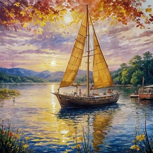 Impressionist Boat on Lake in Gouache Style