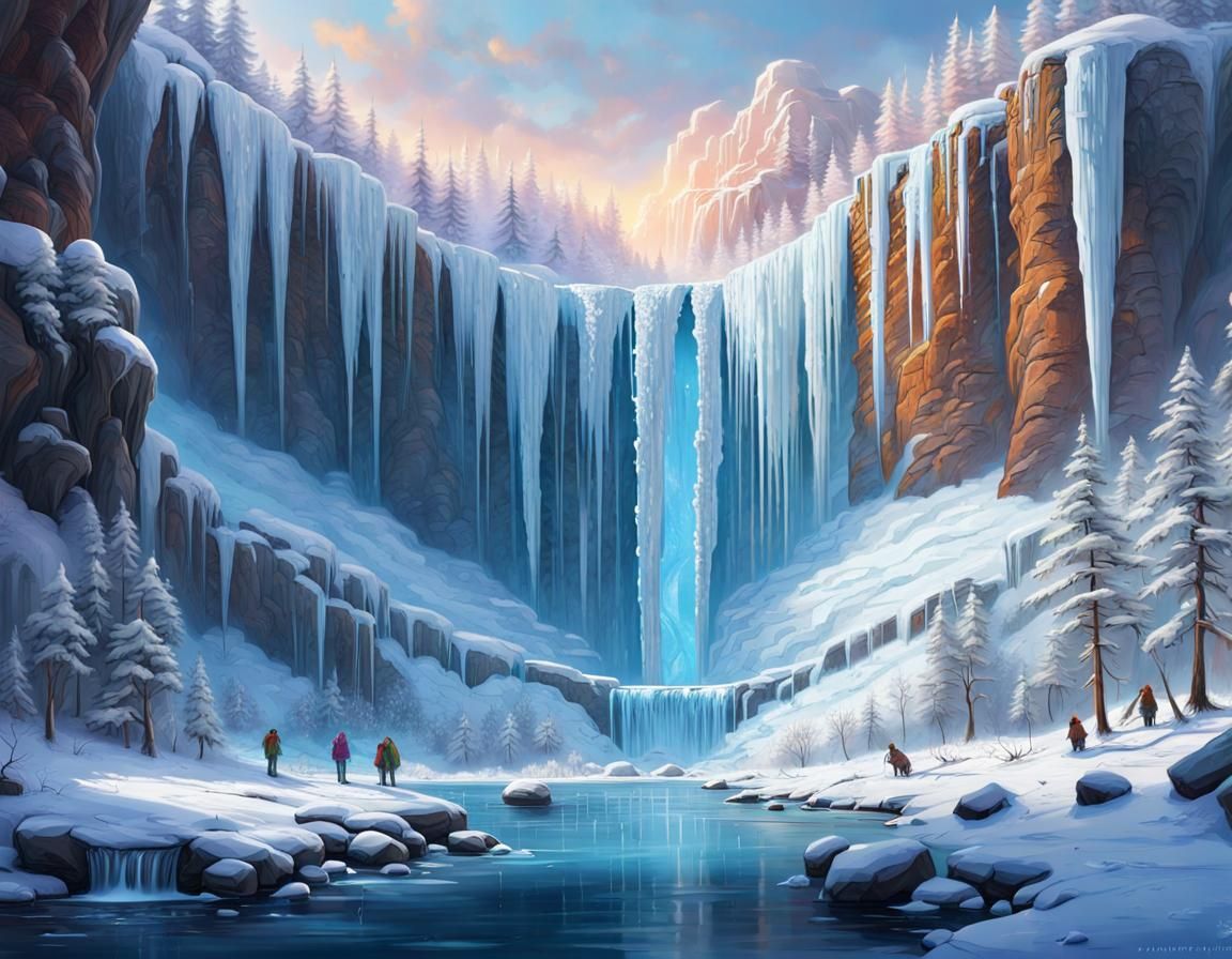 Frozen Waterfall in Winter Landscape: Hyperdetailed Art
