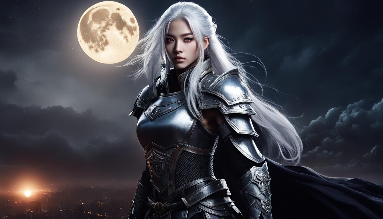 Armored Chinese Woman on Battlefield in Moonlight