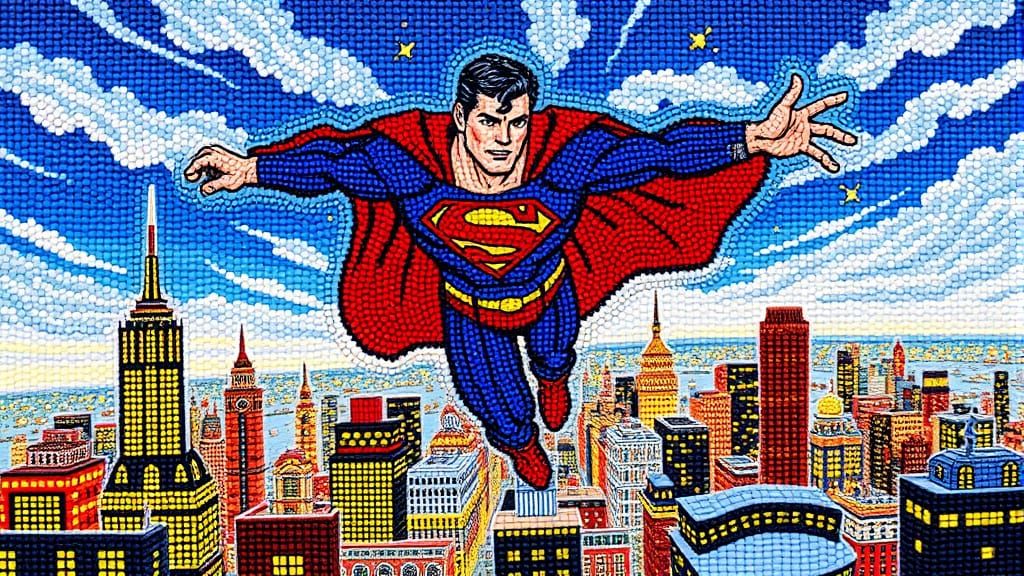 Beaded Artwork: Superman Flying Over Metropolis