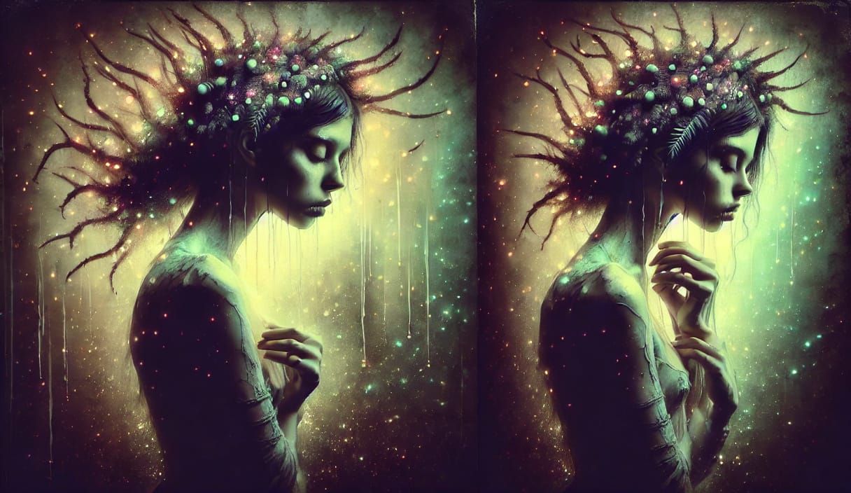 Ethereal Woman with Bioluminescent Flora Hair in Watercolor ...