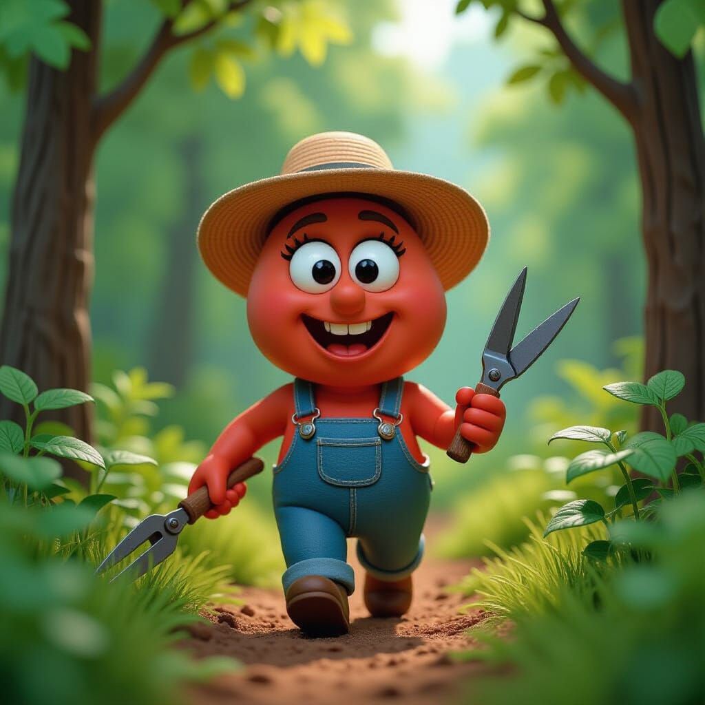 Claymation Tomato Gardener with Shears in Lush Forest