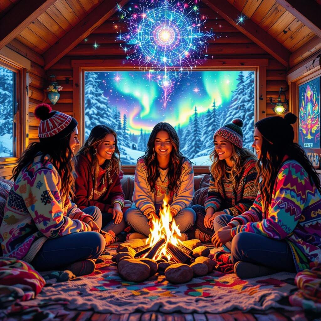 Psychedelic Cabin Scene in Style of Visionary Art