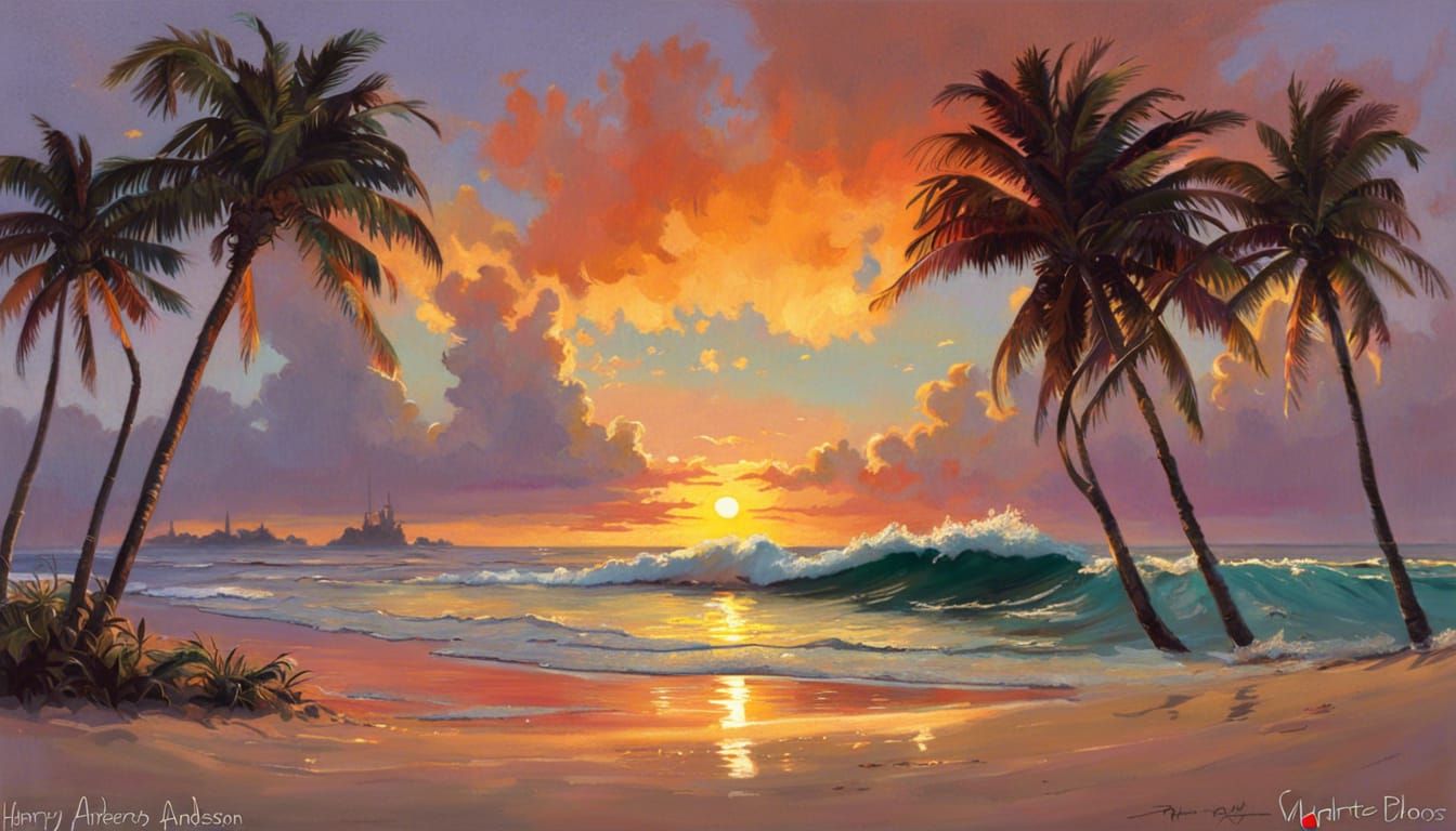 Tropical Island Sunset with Palm Trees