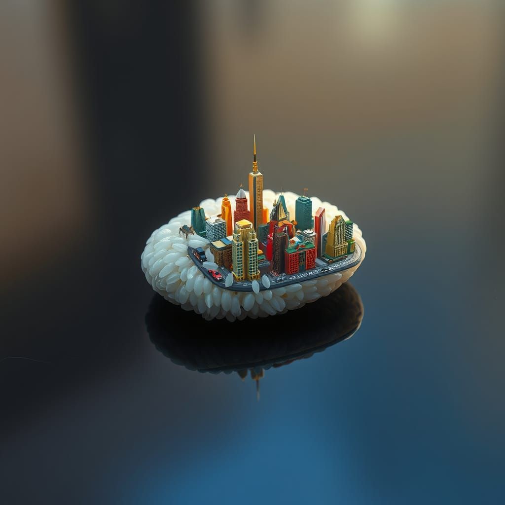 Rice Grain Reflecting Miniature City as Digital Painting