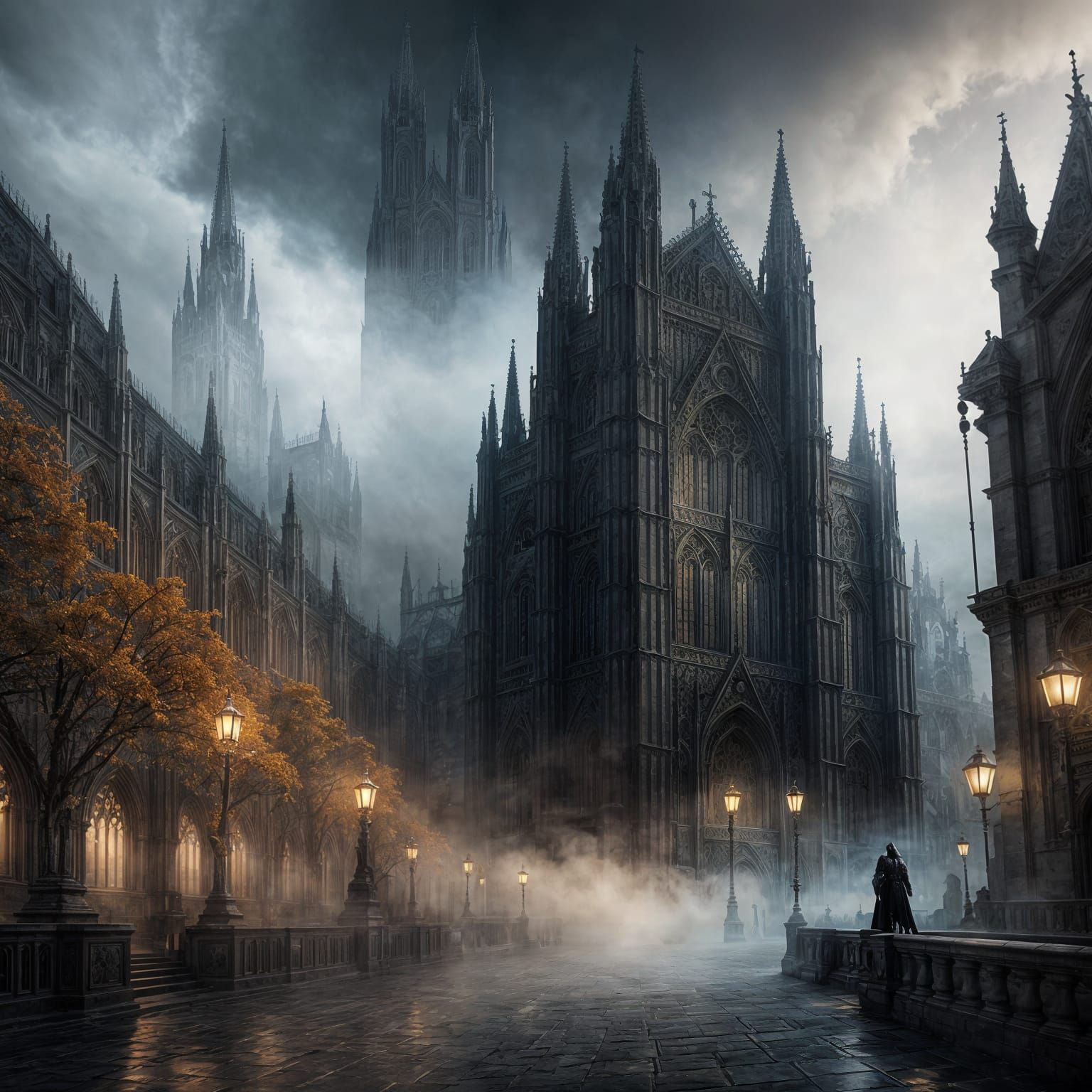 Gothic Knight Guards Majestic Cathedral in Misty Twilight