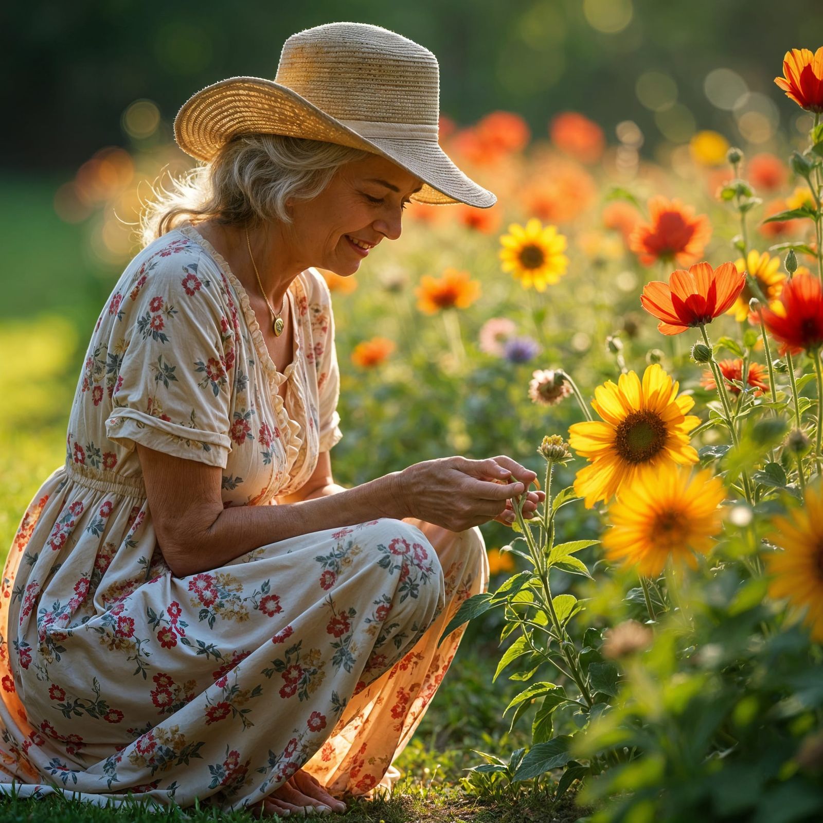 Elderly Woman's Garden in Golden Hour Lighting