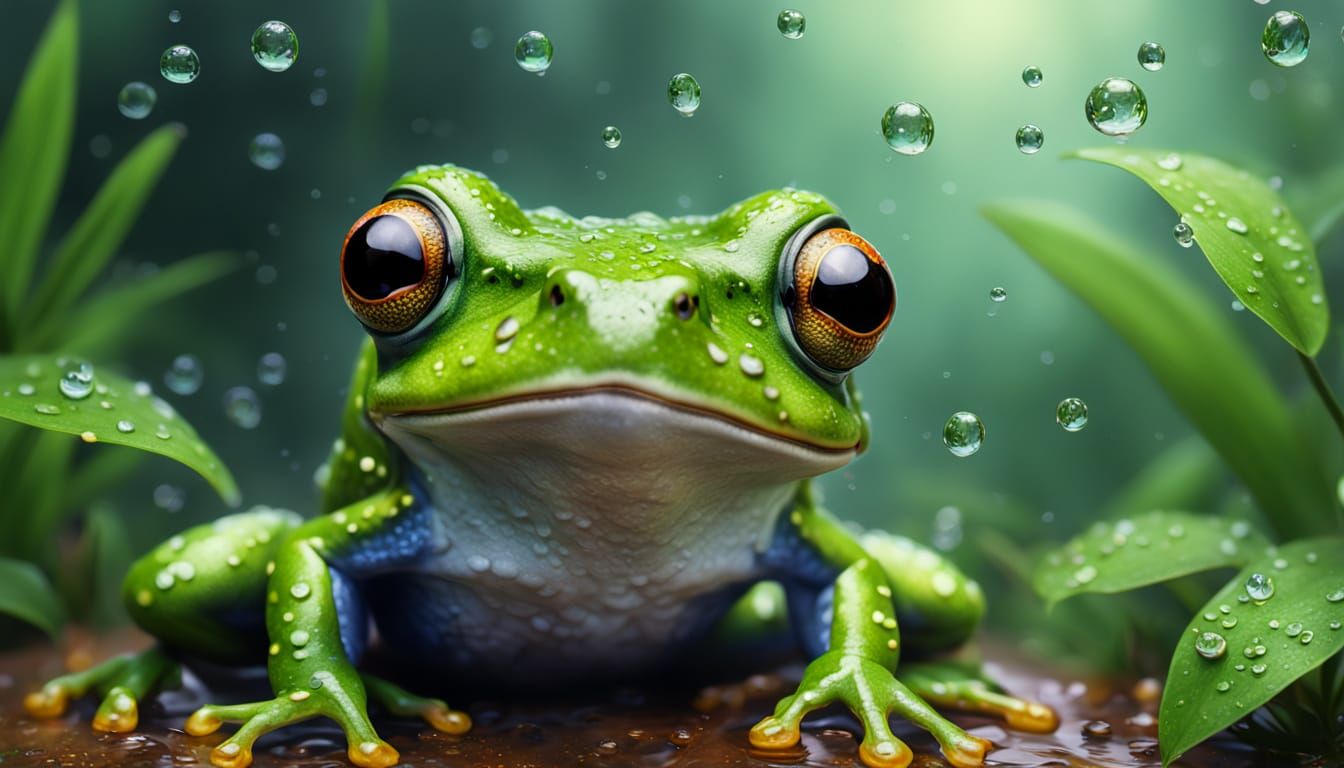 Surprised Frog in Misty Forest: Macro Photography