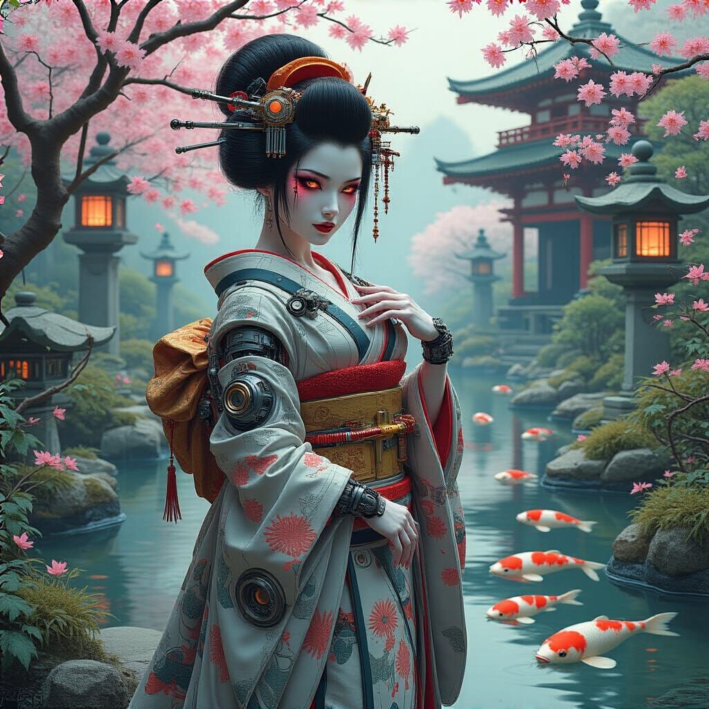 Cyberpunk Geisha in Ukiyo-e Style Garden
