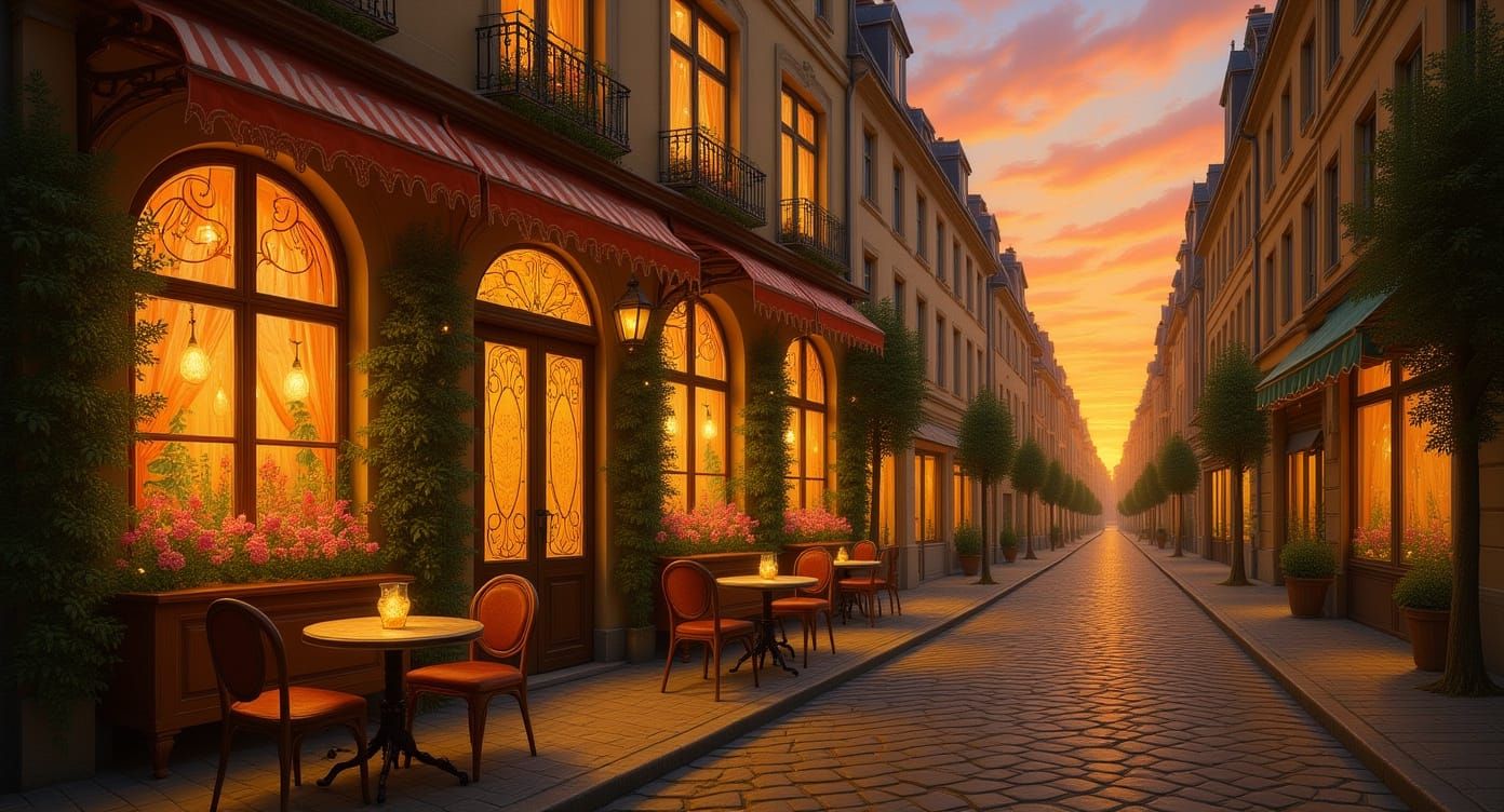 Magical Parisian Cafe at Sunset Oil Painting