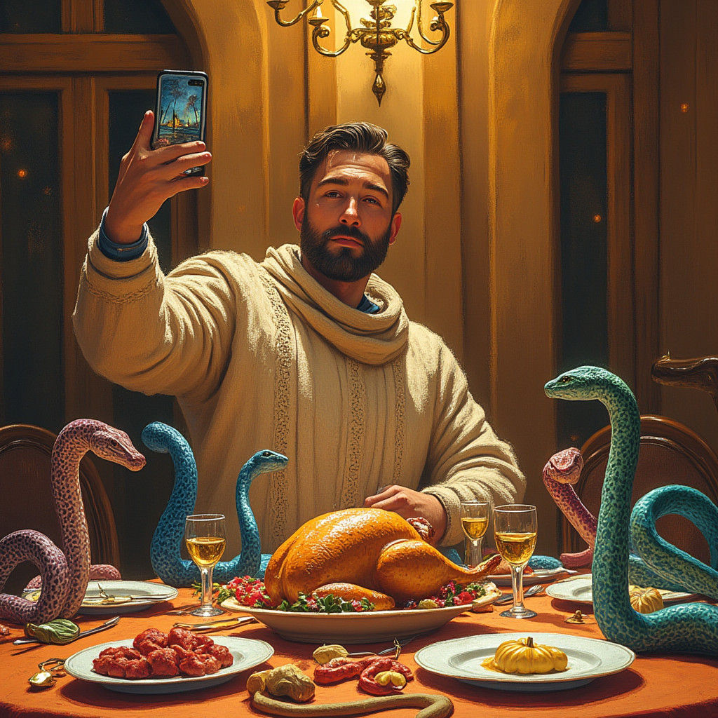 Family Dinner Selfie with Snakes in Impressionist Style