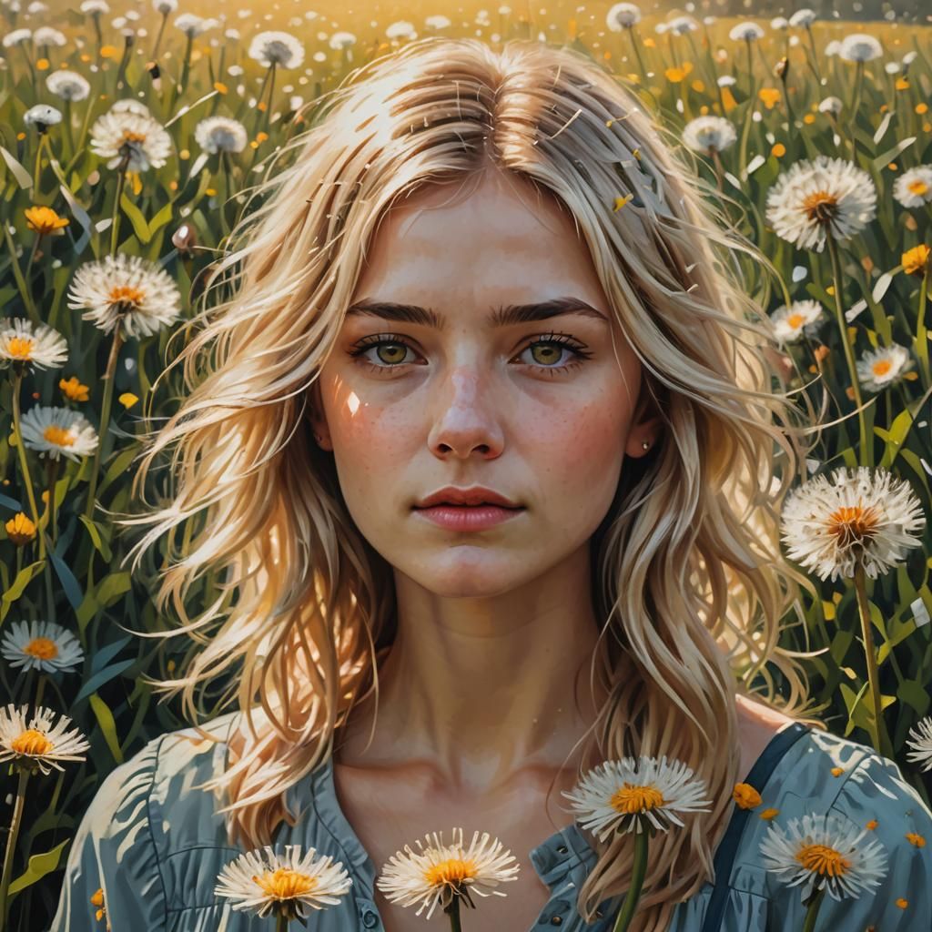 Blonde in Dandelions: A Vibrant Digital Oil Painting