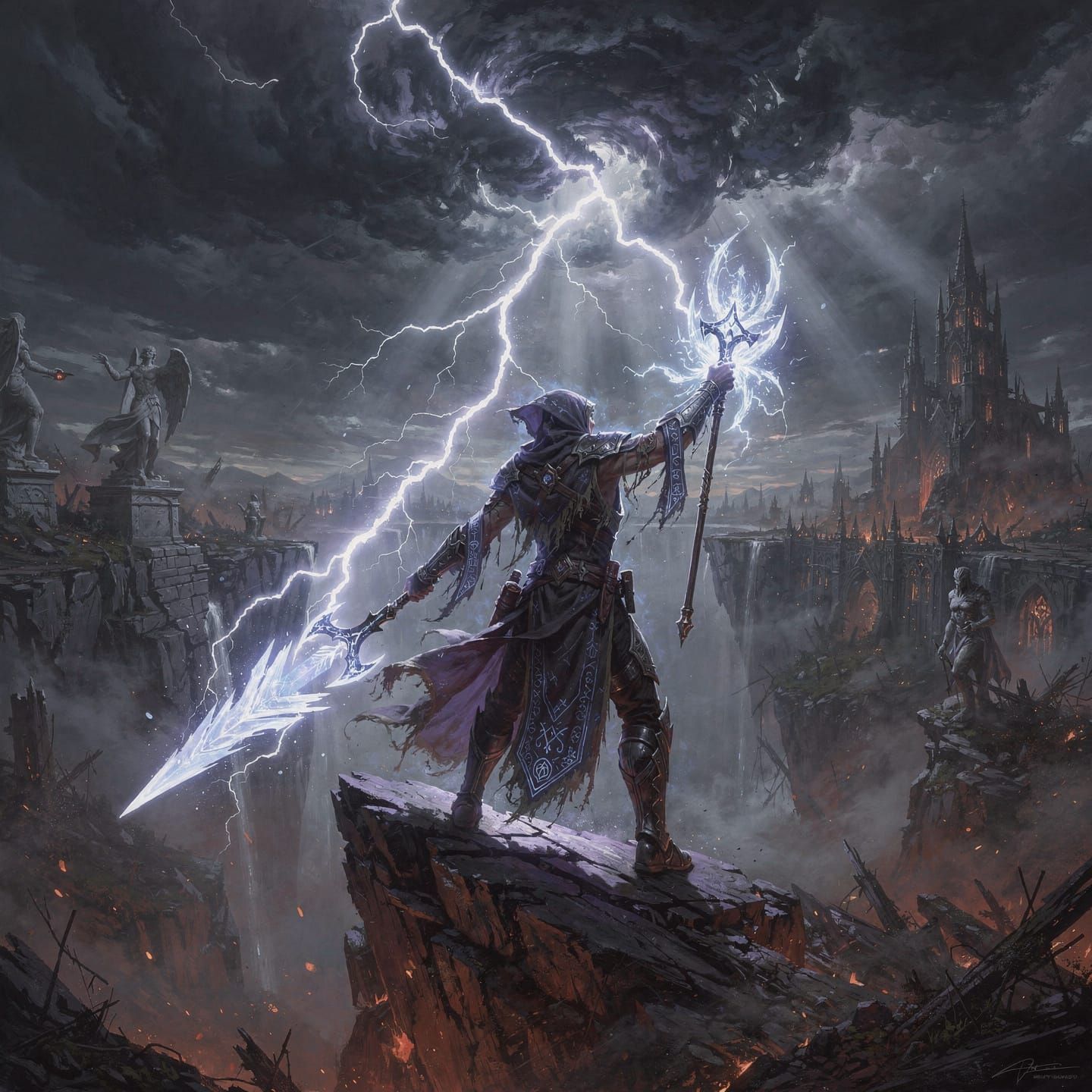 Epic Sorcerer Unleashes Lightning Bolt in Dark Fantasy Art