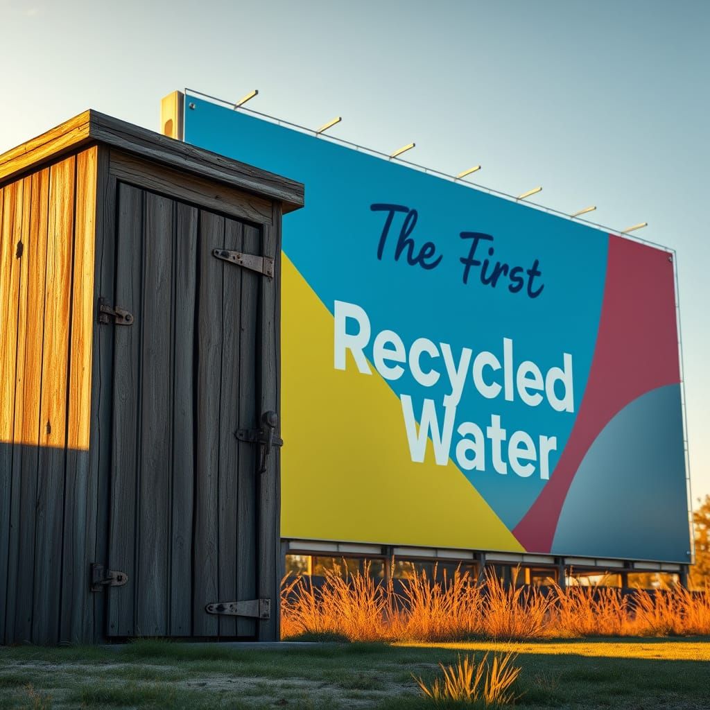 Weathered Outhouse Beside a Vibrant Billboard in a Futuristi...