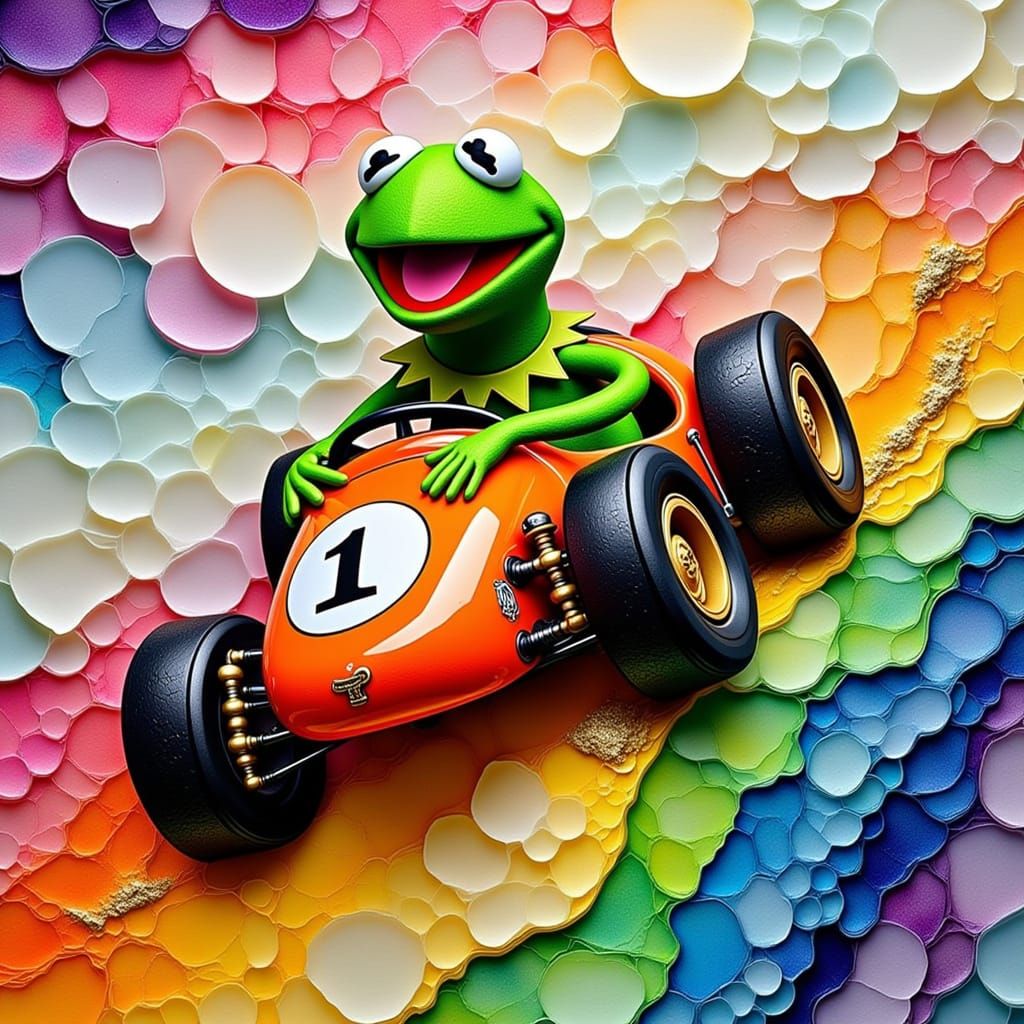 Kermit the Frog Races a Rainbow in Vibrant Collage