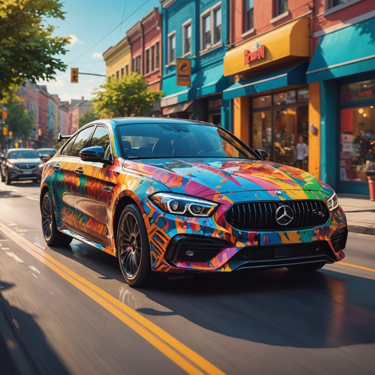 Colorful Car on Road in Hyperrealistic Splash Art