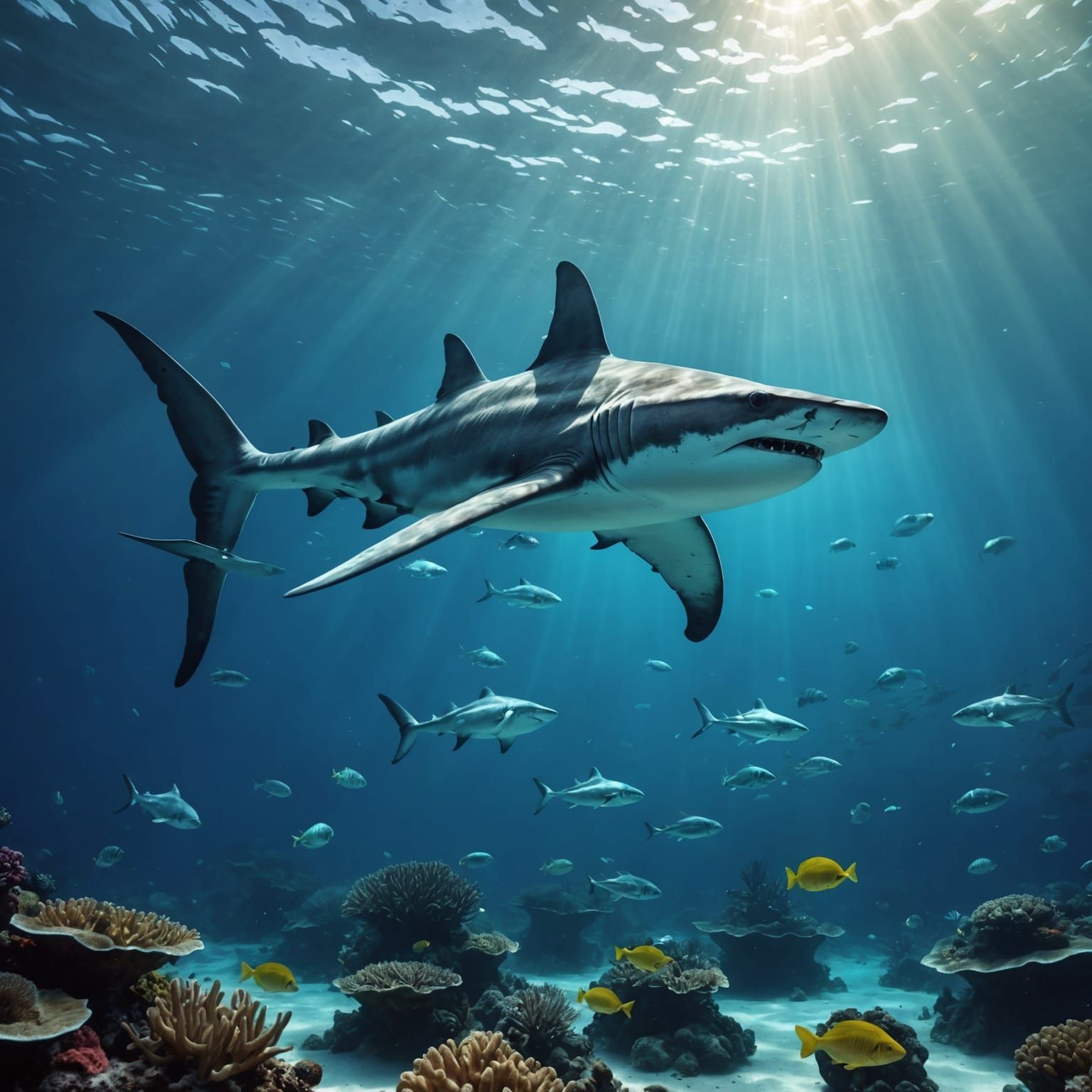 Glowing Transparent Hammerhead Shark in Bioluminescent Ocean