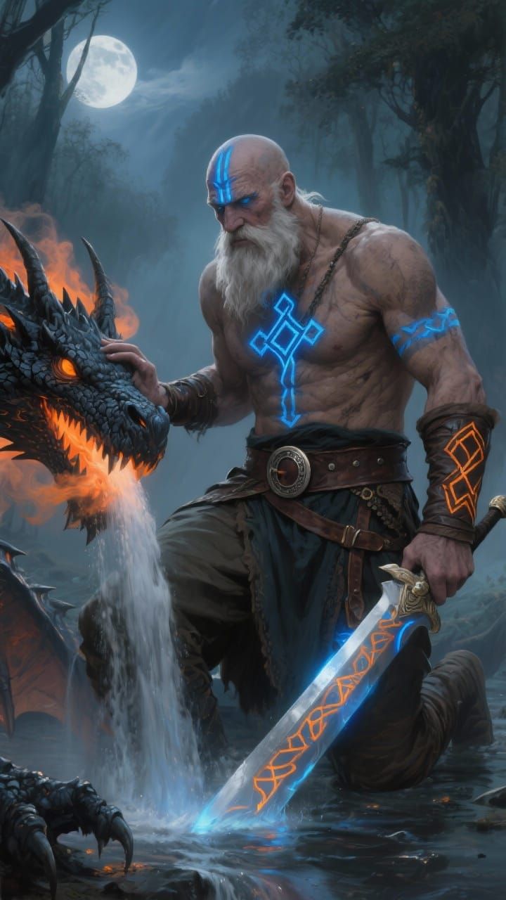 Viking Warrior and Dragon by Moonlit Waterfall
