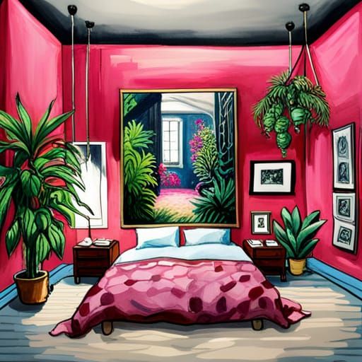 Teenage Loft Bedroom in Gouache and Watercolor Style