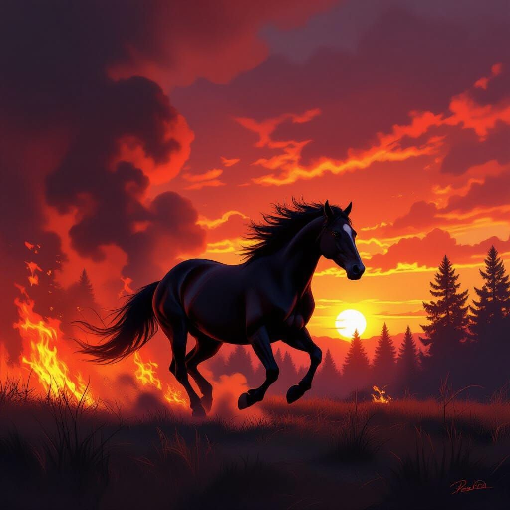 Wild Horse Gallops Through Burning Forest Sunset