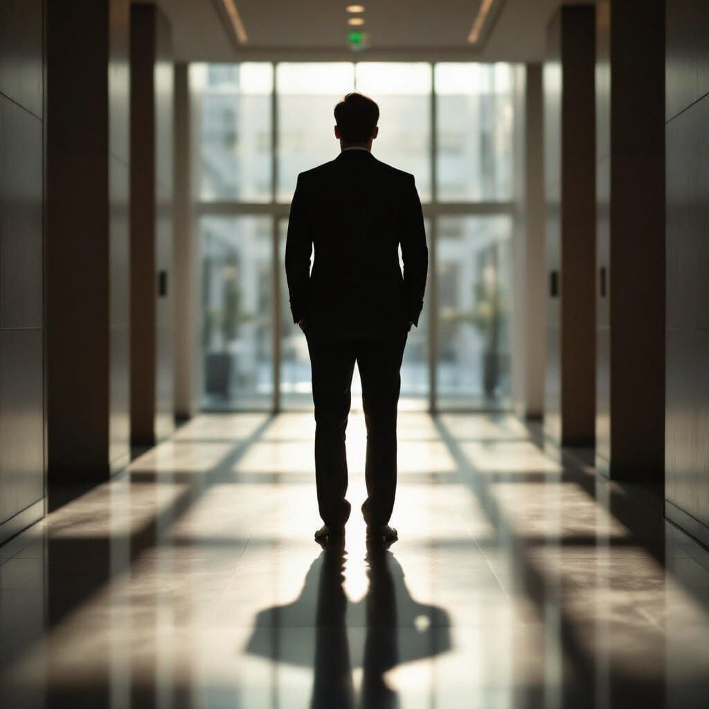 Exhausted Business Leader in Cinematic Corporate Hallway