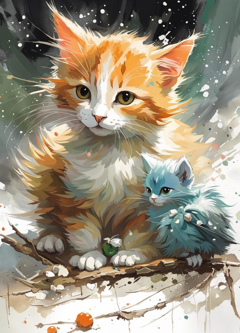 Cats Helping Bird, Detailed Art Style