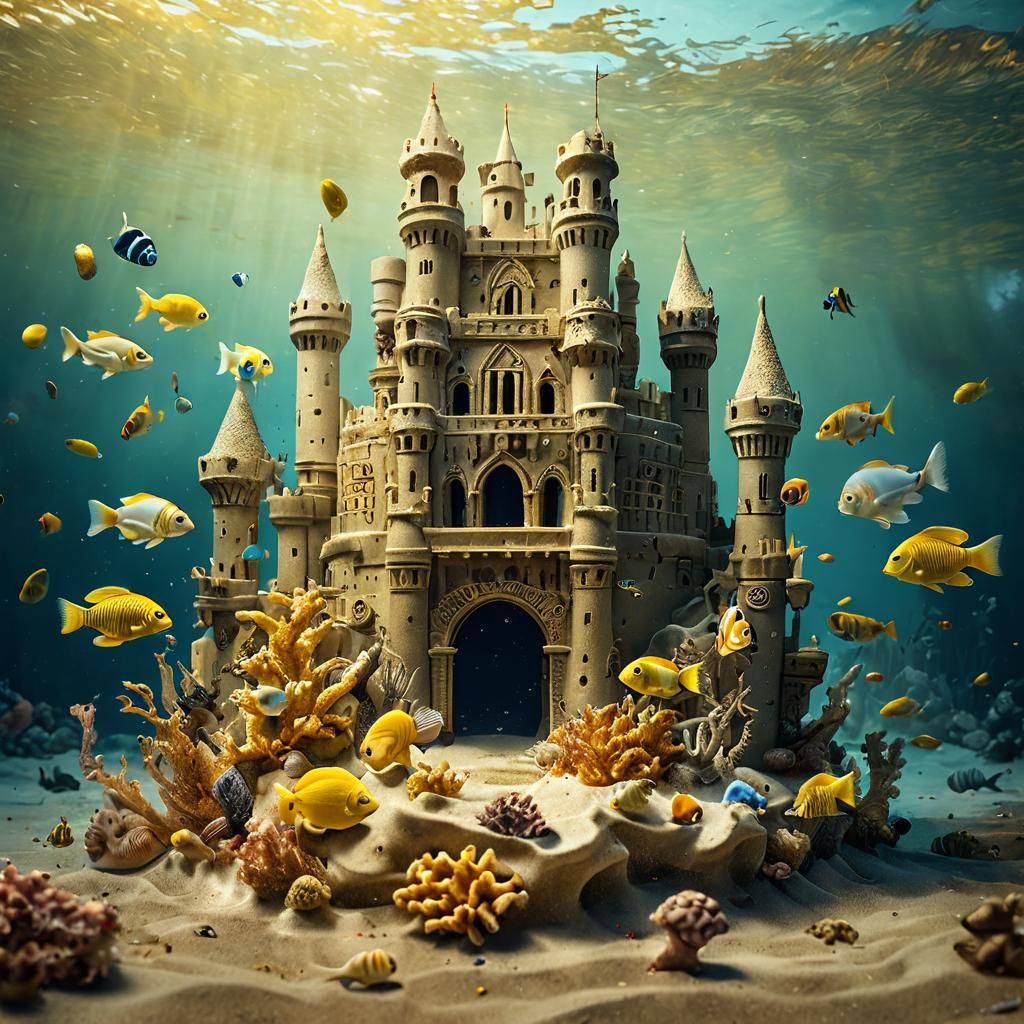 Underwater Sandcastle City with Tropical Fish