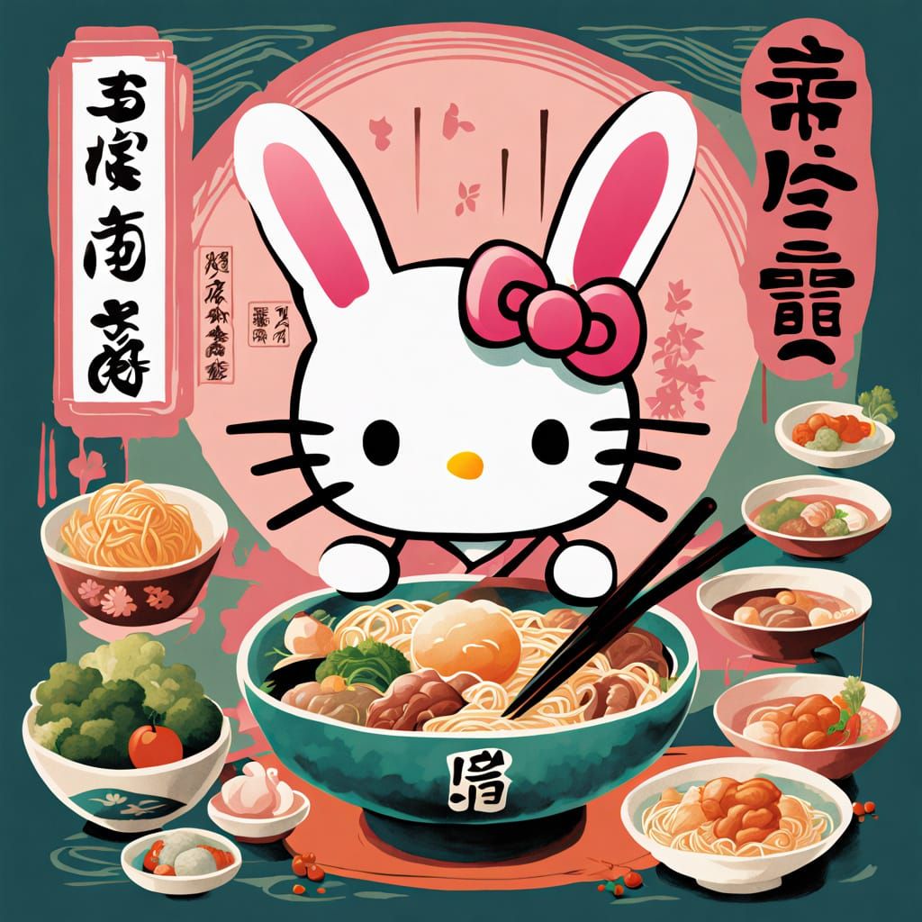 Watercolor Noodle Restaurant Scene with Hello Kitty Cat