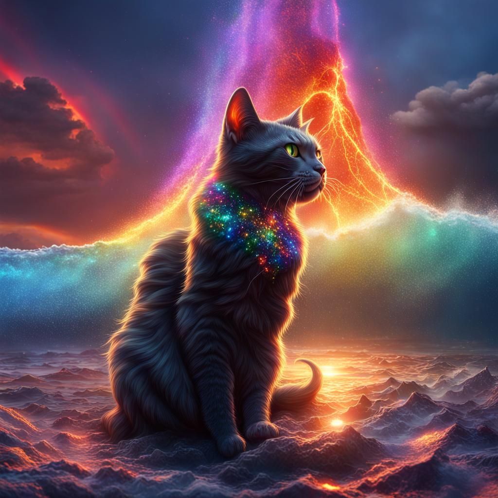 Volcano Cat Eruption in Glittery Rainbow Display