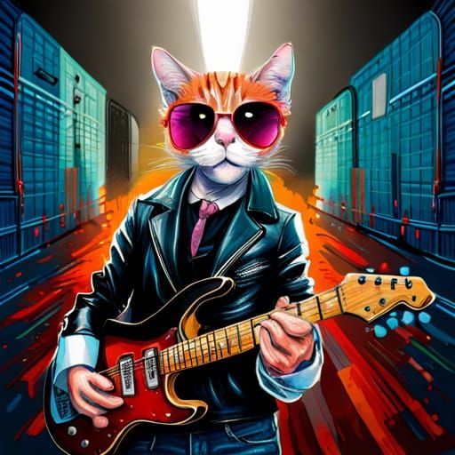 Cool Cat Plays Guitar in Subway Art